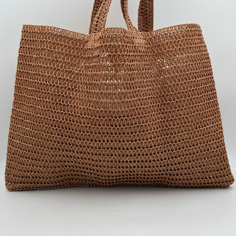 Burberry Woven Raffia Tote Bag Brown Tan Leather Logo Patch Shopper Beach Bag - Picture 9 of 9
